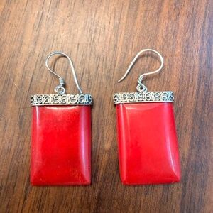 Red Rectangular Drop Earrings with Decorative Silver Trim